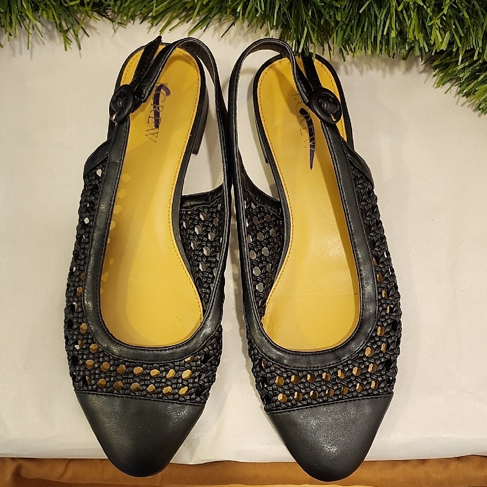 J. Crew Black Woven Leather Slingback Flats